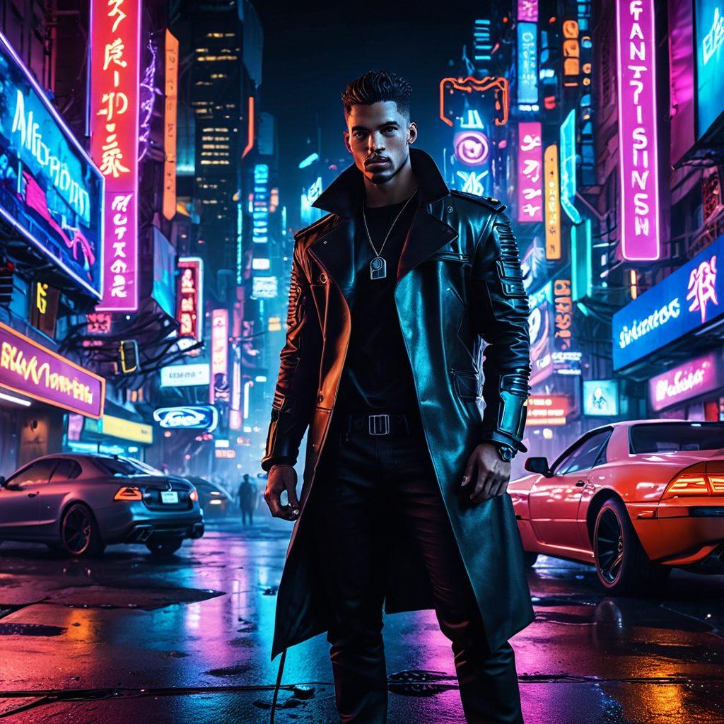 A dynamic and artistic representation of animated erotica, featuring a charismatic male character symbolizing strength and creativity. The backdrop is a vibrant cityscape fused with elements of fantasy, illustrating various bold and alluring scenes from hentai. The atmosphere buzzes with energy, incorporating glowing neon lights and imaginative characters to evoke a sense of adventure and empowerment. The overall style is modern and colorful, focusing on action and allure. vibrant colors. cyberpunk.